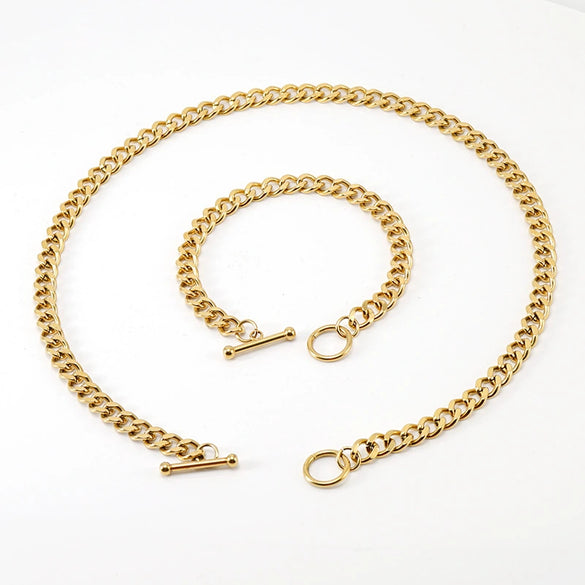 Wholesale 316L Stainless Steel Joker Cuban Chain Bracelet Necklace With Ot Buckle And Geometric Pattern 18K Gold Finished By Electroplating