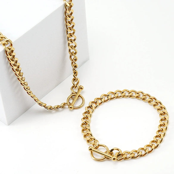 Wholesale 316L Stainless Steel Joker Cuban Chain Bracelet Necklace With Ot Buckle And Geometric Pattern 18K Gold Finished By Electroplating
