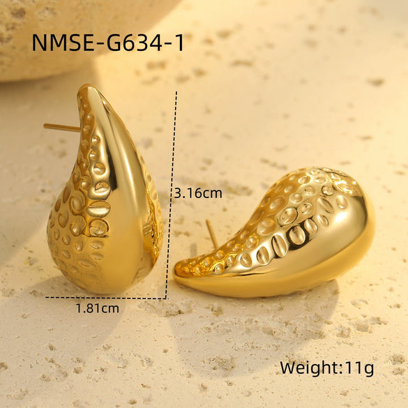 Wholesale Stainless Steel 18K Gold Electroplated Retro Irregular Water Drop Texture Women's Earrings
