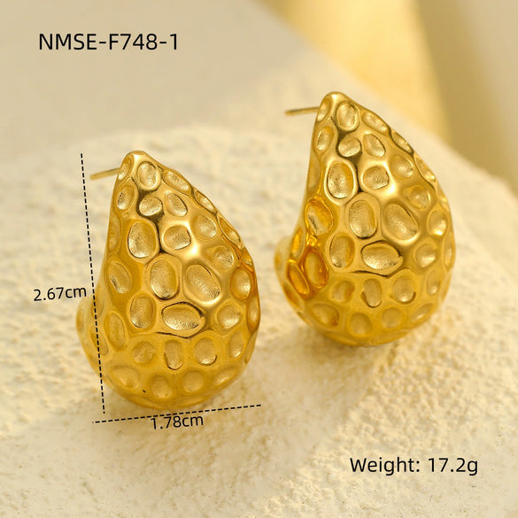 Wholesale Stainless Steel 18K Gold Electroplated Retro Irregular Water Drop Texture Women's Earrings