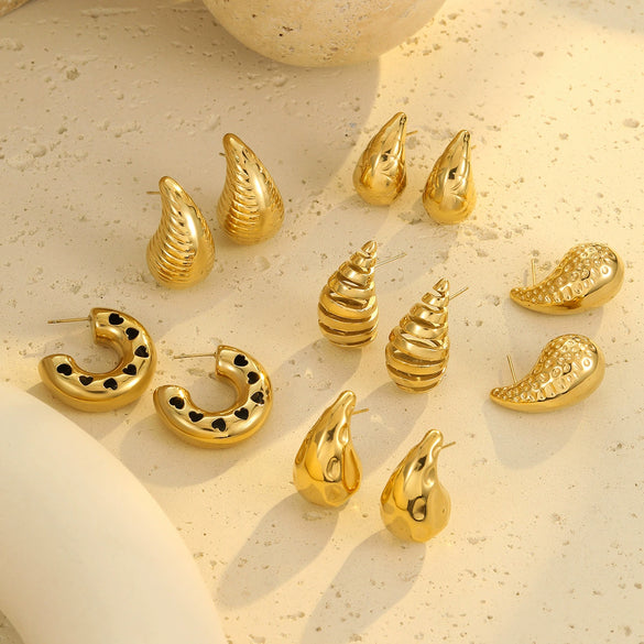 Wholesale Stainless Steel 18K Gold Electroplated Retro Irregular Water Drop Texture Women's Earrings