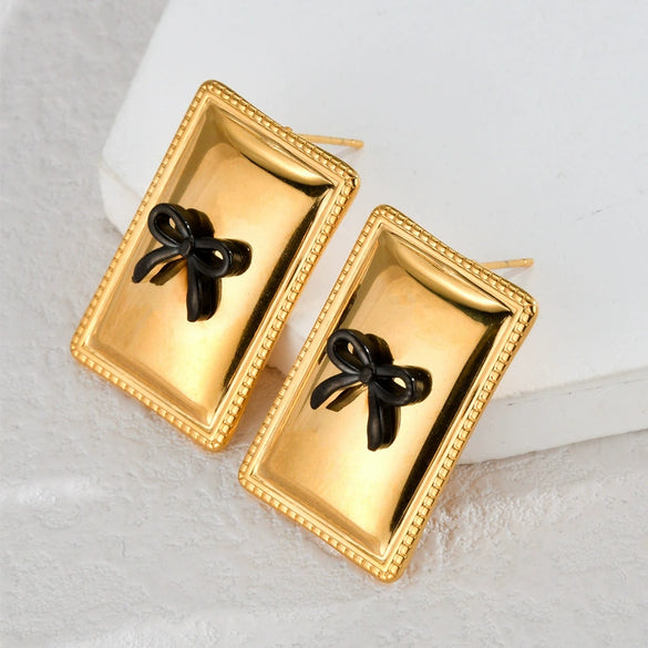Wholesale Stainless Steel 18K Gold Geometric Square Bow Stud Earrings For Women With Electroplating Treatment