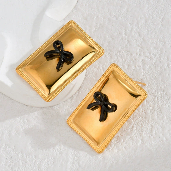 Wholesale Stainless Steel 18K Gold Geometric Square Bow Stud Earrings For Women With Electroplating Treatment