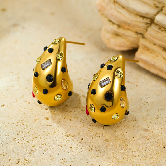 Wholesale Stainless Steel 18K Gold Inlaid Drop Shape Color Zircon Electroplated Women's Drop Ring Earrings
