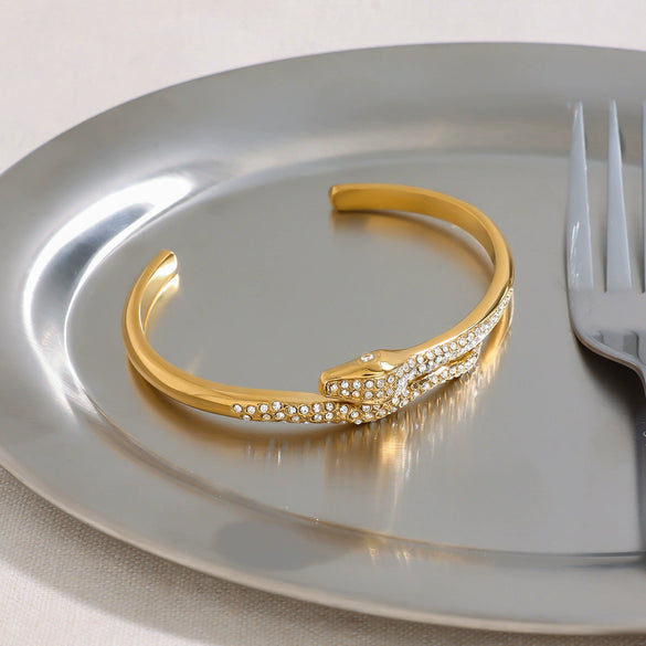 Wholesale Stainless Steel 18K Gold Inlaid Zirconium Snake Open Bracelet Electroplated Nonfading Jewelry