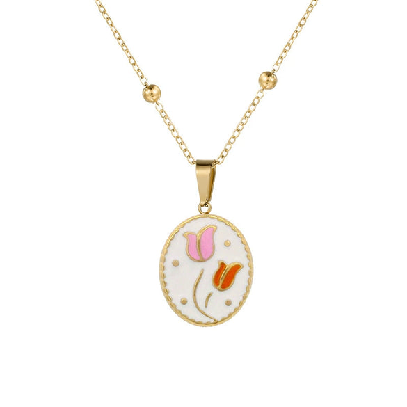 Wholesale Stainless Steel 14K Gold Plated Elegant Oil Dripping Tulip Design Women's Necklace Earrings Set