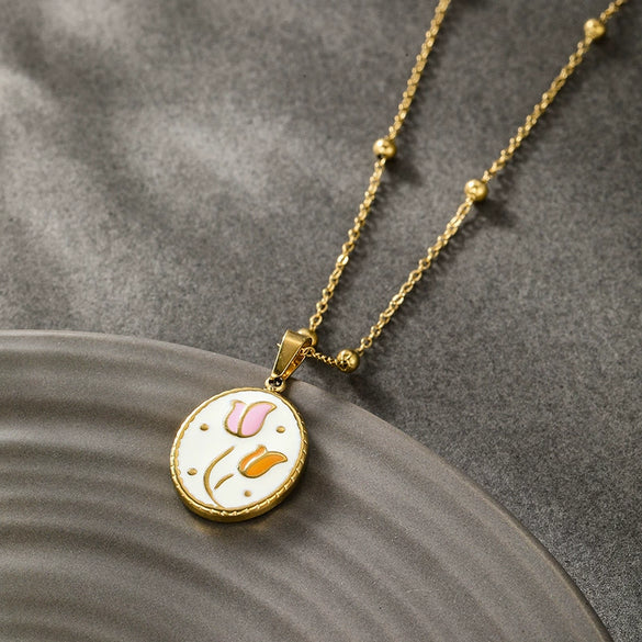 Wholesale Stainless Steel 14K Gold Plated Elegant Oil Dripping Tulip Design Women's Necklace Earrings Set