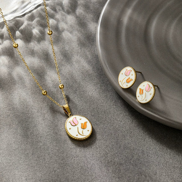 Wholesale Stainless Steel 14K Gold Plated Elegant Oil Dripping Tulip Design Women's Necklace Earrings Set