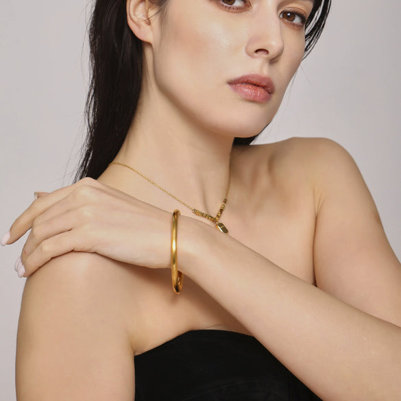 Wholesale 316L Stainless Steel 18K Gold Plated Fashion Geometric Aperture Bracelet And Round Ring