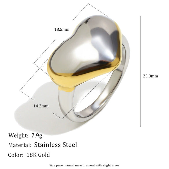 Wholesale Stainless Steel 18K Gold Plated Flat Heart Ring For Women With Geometric Light Luxury Style