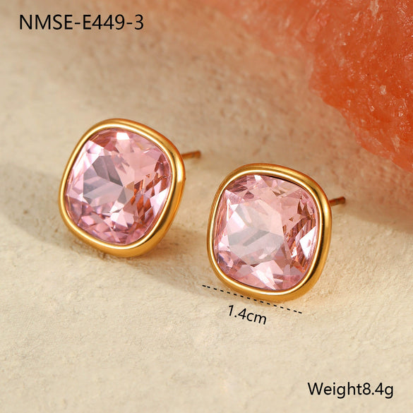 Wholesale Stainless Steel 18K Gold Plated Geometric Square Color Zircon Earrings For Women Retro Fashion Style