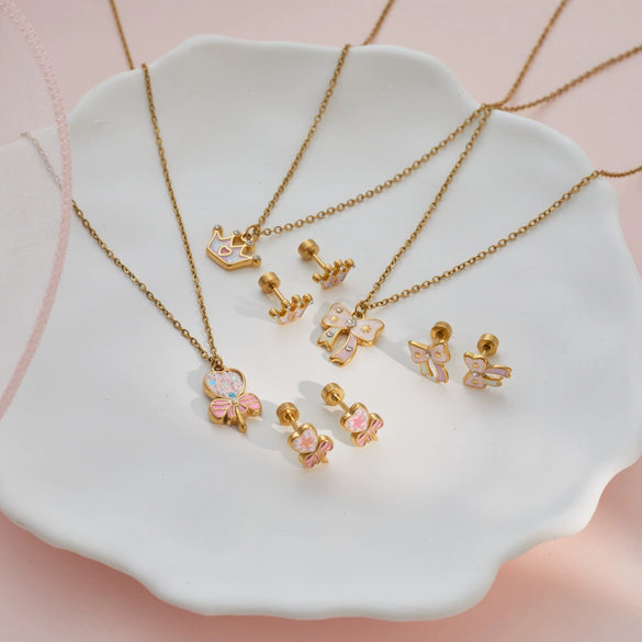 Wholesale Stainless Steel 18K Gold Plated Heart Drop Bell Pattern Children's Jewelry Set For Girls Necklace And Earrings