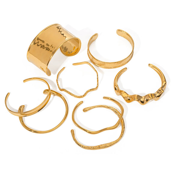 Wholesale Stainless Steel 18K Gold Plated Irregular Hammer Pattern Wave Open Bracelet With Electroplating