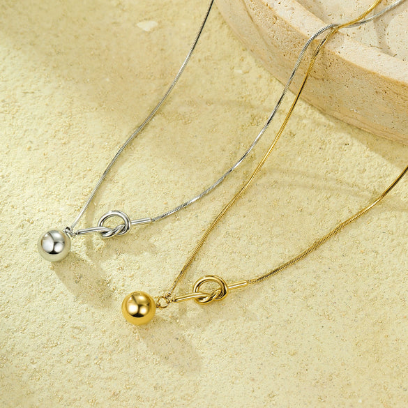 Wholesale Stainless Steel 18K Gold Plated Knot Winding Round Bead Pendant Necklace For Women