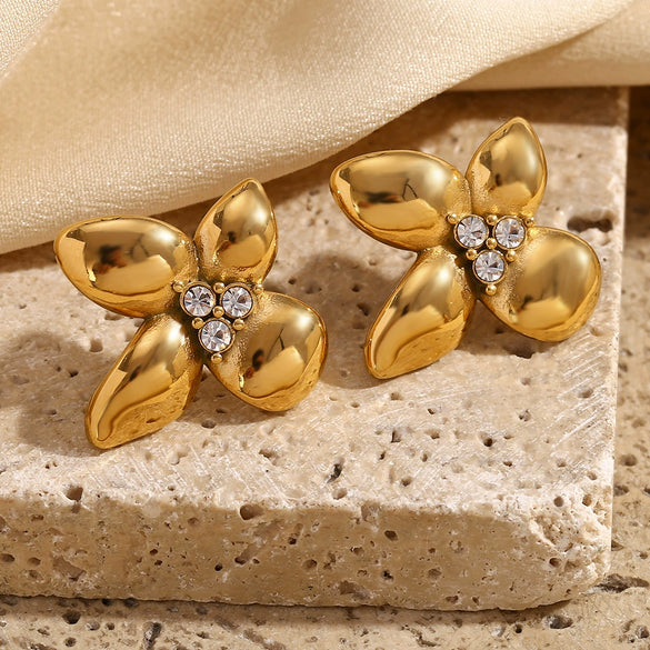 Wholesale Stainless Steel 18K Gold Plated Micro Inlaid White Diamond Flower Earrings For Women