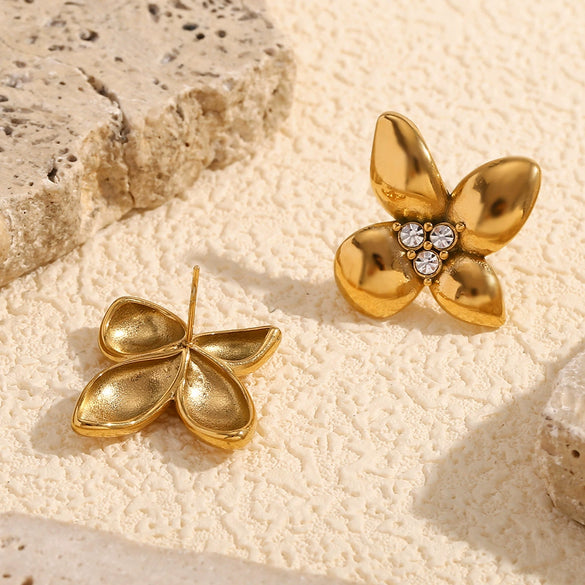Wholesale Stainless Steel 18K Gold Plated Micro Inlaid White Diamond Flower Earrings For Women