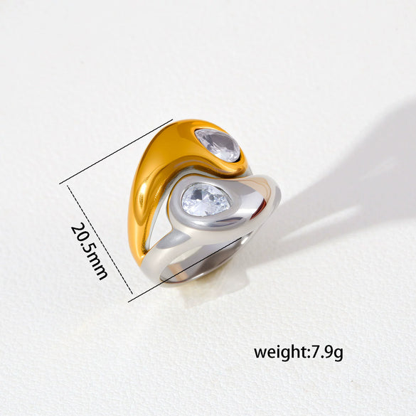 Wholesale Stainless Steel 18K Gold Plated Ring With Cast Water Drop Zircon And Geometric Diamond Shape Retro Design Jewelry