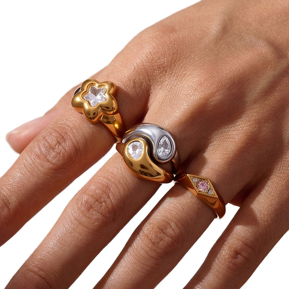 Wholesale Stainless Steel 18K Gold Plated Ring With Cast Water Drop Zircon And Geometric Diamond Shape Retro Design Jewelry