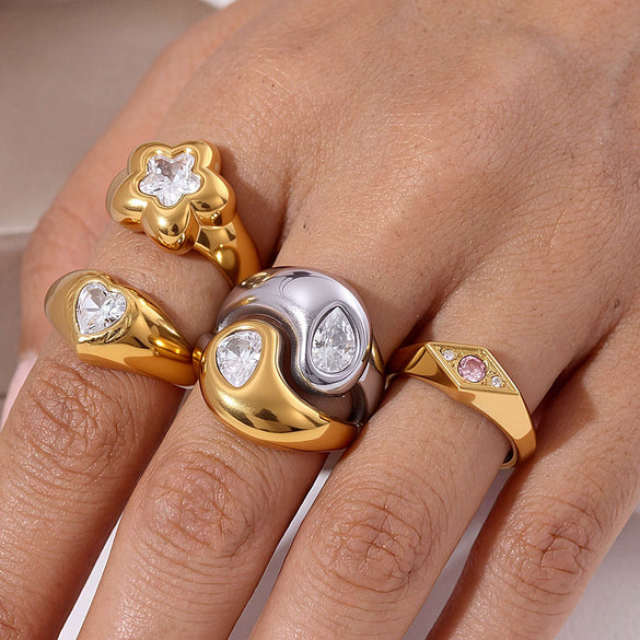 Wholesale Stainless Steel 18K Gold Plated Ring With Cast Water Drop Zircon And Geometric Diamond Shape Retro Design Jewelry
