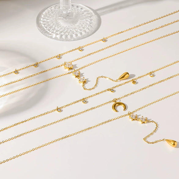 Wholesale Stainless Steel 18K Gold Plated Star And Drop Shape Pendant Oshaped Chain Necklace For Women