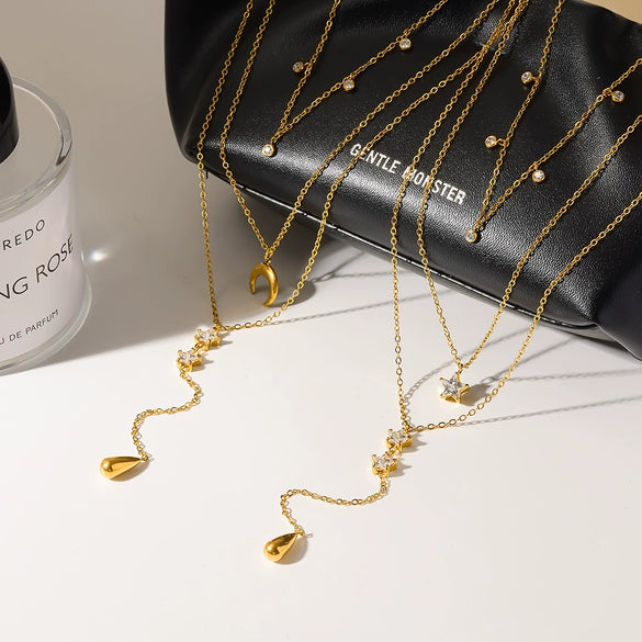 Wholesale Stainless Steel 18K Gold Plated Star And Drop Shape Pendant Oshaped Chain Necklace For Women