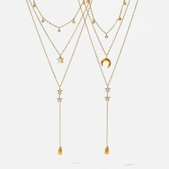Wholesale Stainless Steel 18K Gold Plated Star And Drop Shape Pendant Oshaped Chain Necklace For Women