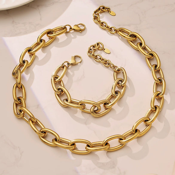 Wholesale Stainless Steel 18K Gold Plated Thick Chain Necklace And Bracelet Set For Women With Simple And Luxurious Design