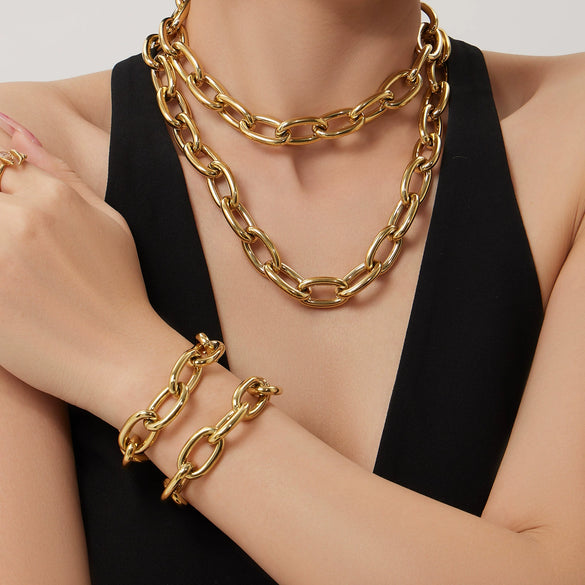 Wholesale Stainless Steel 18K Gold Plated Thick Chain Necklace And Bracelet Set For Women With Simple And Luxurious Design