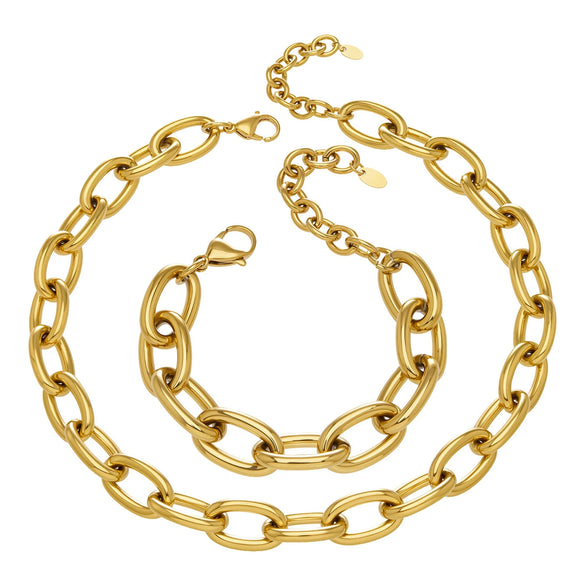 Wholesale Stainless Steel 18K Gold Plated Thick Chain Necklace And Bracelet Set For Women With Simple And Luxurious Design