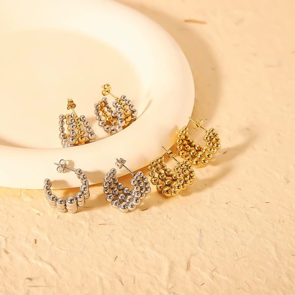 Wholesale Stainless Steel 18K Gold Plated Three Layer Beaded Round C Shaped Earrings For Women With Electroplating Process