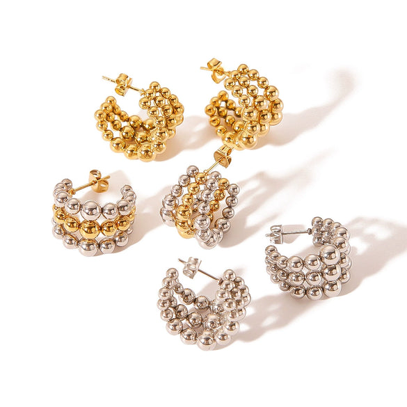 Wholesale Stainless Steel 18K Gold Plated Three Layer Beaded Round C Shaped Earrings For Women With Electroplating Process