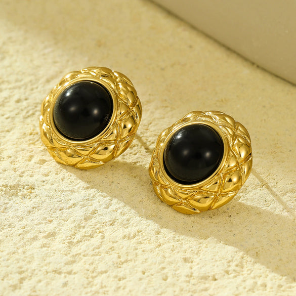 Wholesale Stainless Steel 18K Gold Plated Vintage Round Rhombus Obsidian Pearl Cross Style Earrings