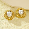 Wholesale Stainless Steel 18K Gold Plated Vintage Round Rhombus Obsidian Pearl Cross Style Earrings