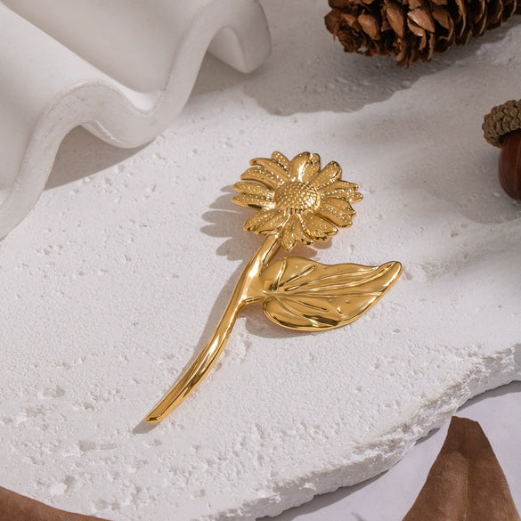 Wholesale Stainless Steel 18K Real Gold Electroplated Pastoral Style Flower Pattern Brooch Jewelry For Women