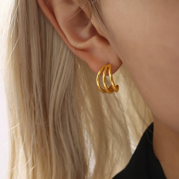 Wholesale Stainless Steel 18K Real Gold Plated Three Layer C Shaped And U Shaped Geometric Light Luxury Earrings With Electroplating For Women