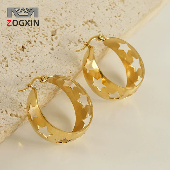 Wholesale 316L Stainless Steel 18K Star Hollow Retro Earrings For Women With Electroplating