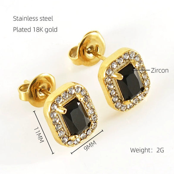 Wholesale Stainless Steel 18K Zircon Inlay Square Diamond Earrings Geometric Design