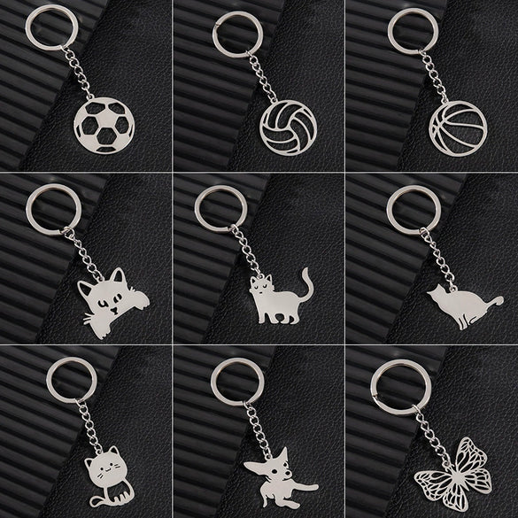 Wholesale Stainless Steel Keychain With Geometric Round Volleyball Football And Animal Bear Little Pig Pendants Electroplated