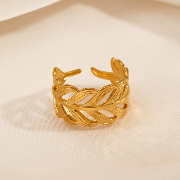 Wholesale Stainless Steel Leaf Hip Hop Opening Adjustable Gold Plated Ring For Women