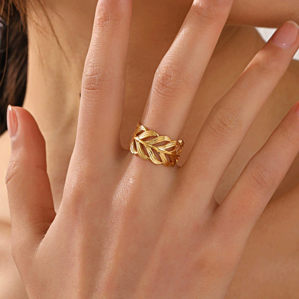 Wholesale Stainless Steel Leaf Hip Hop Opening Adjustable Gold Plated Ring For Women