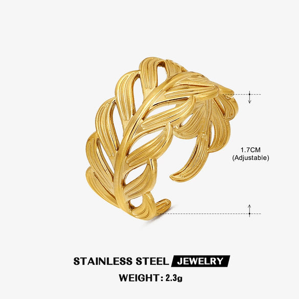Wholesale Stainless Steel Leaf Hip Hop Opening Adjustable Gold Plated Ring For Women