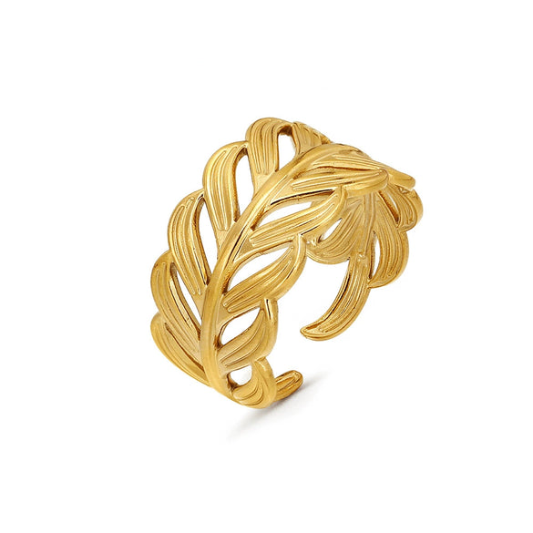 Wholesale Stainless Steel Leaf Hip Hop Opening Adjustable Gold Plated Ring For Women