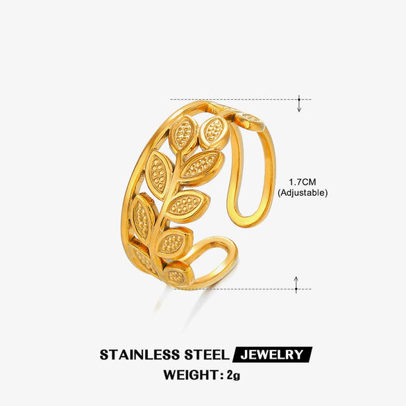 Wholesale Stainless Steel Leaf Opening Adjustable Ring For Women With Electroplating Treatment