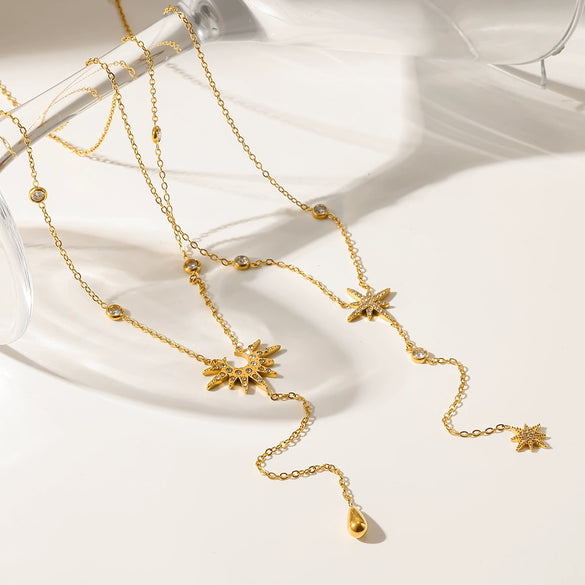 Wholesale Stainless Steel Light Luxury Geometric Eightpointed Star Yshaped Ochain Necklace With Real Gold Plating For Women