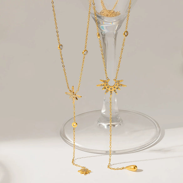 Wholesale Stainless Steel Light Luxury Geometric Eightpointed Star Yshaped Ochain Necklace With Real Gold Plating For Women