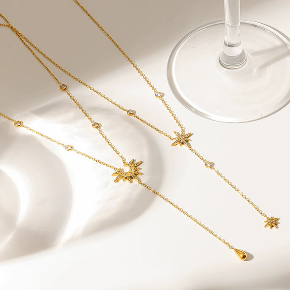 Wholesale Stainless Steel Light Luxury Geometric Eightpointed Star Yshaped Ochain Necklace With Real Gold Plating For Women