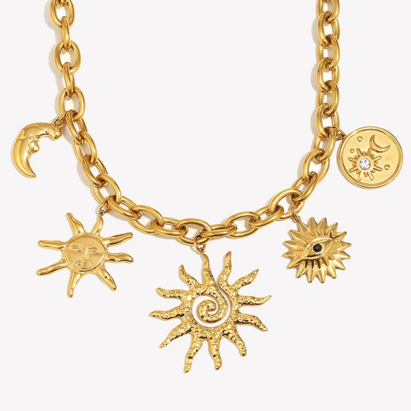 Wholesale Stainless Steel Light Luxury Geometric Oshaped Chain Sun Pendant Necklace For Women Electroplated