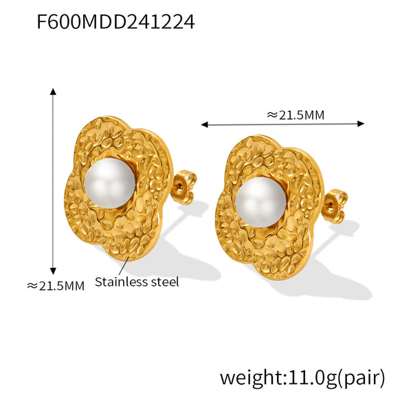 Wholesale Stainless Steel Light Luxury Geometric Petal Flower Inlaid Bead Earrings Electroplated 18K Gold For Women