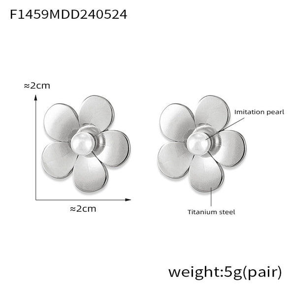 Wholesale Stainless Steel Light Luxury Geometric Petal Flower Inlaid Bead Earrings Electroplated 18K Gold For Women