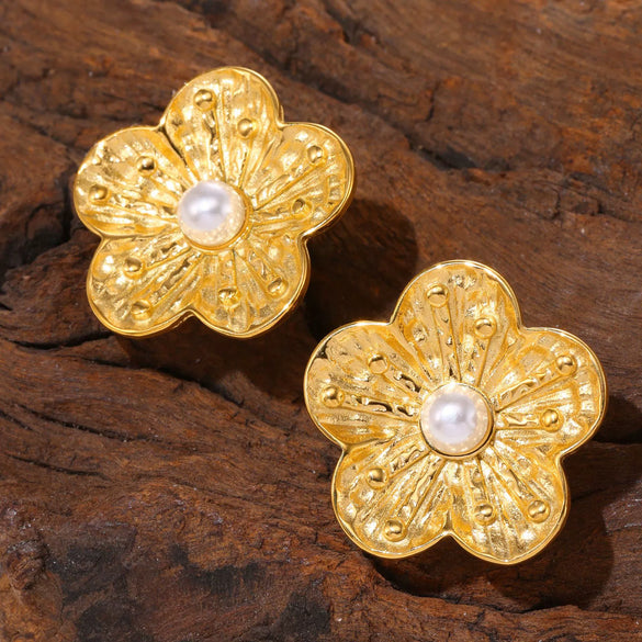 Wholesale Stainless Steel Light Luxury Geometric Petal Flower Inlaid Bead Earrings Electroplated 18K Gold For Women